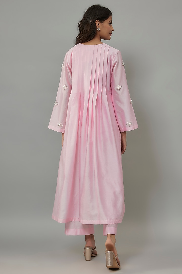 Powder Pink Handwoven Chanderi Pearl Embroidered High-Low Kurta Set by The Aarya at Pernia's Pop Up Shop