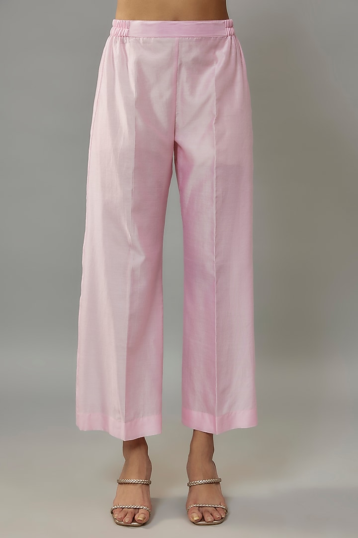 Powder Pink Handwoven Chanderi Pearl Embroidered High-Low Kurta Set by The Aarya at Pernia's Pop Up Shop