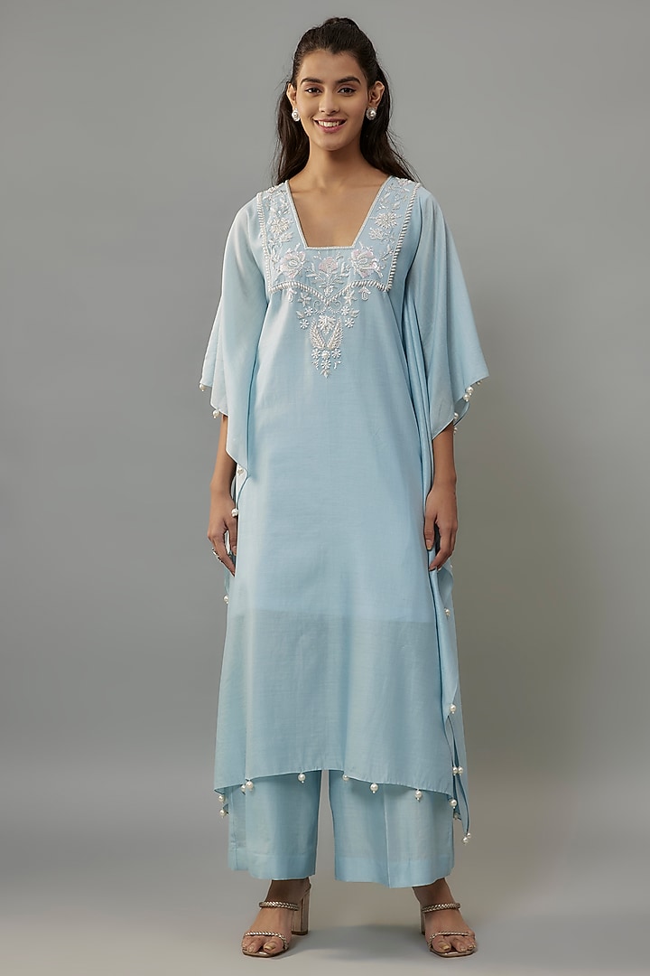 Powder Blue Handwoven Chanderi Pearl Embroidered Kaftan Set by The Aarya at Pernia's Pop Up Shop
