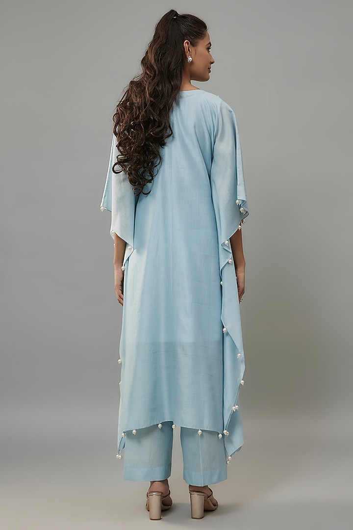 Powder Blue Handwoven Chanderi Pearl Embroidered Kaftan Set by The Aarya at Pernia's Pop Up Shop