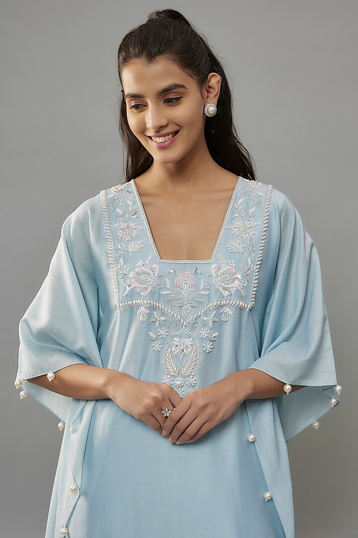 Powder Blue Handwoven Chanderi Pearl Embroidered Kaftan Set by The Aarya at Pernia's Pop Up Shop