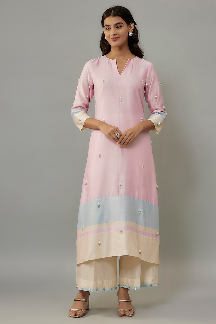 Powder Pink Handwoven Chanderi Pearl Embroidered Kurta Set by The Aarya