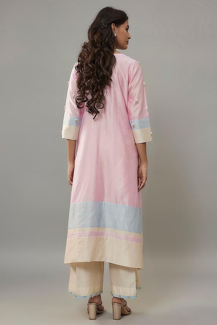 Powder Pink Handwoven Chanderi Pearl Embroidered Kurta Set by The Aarya at Pernia's Pop Up Shop