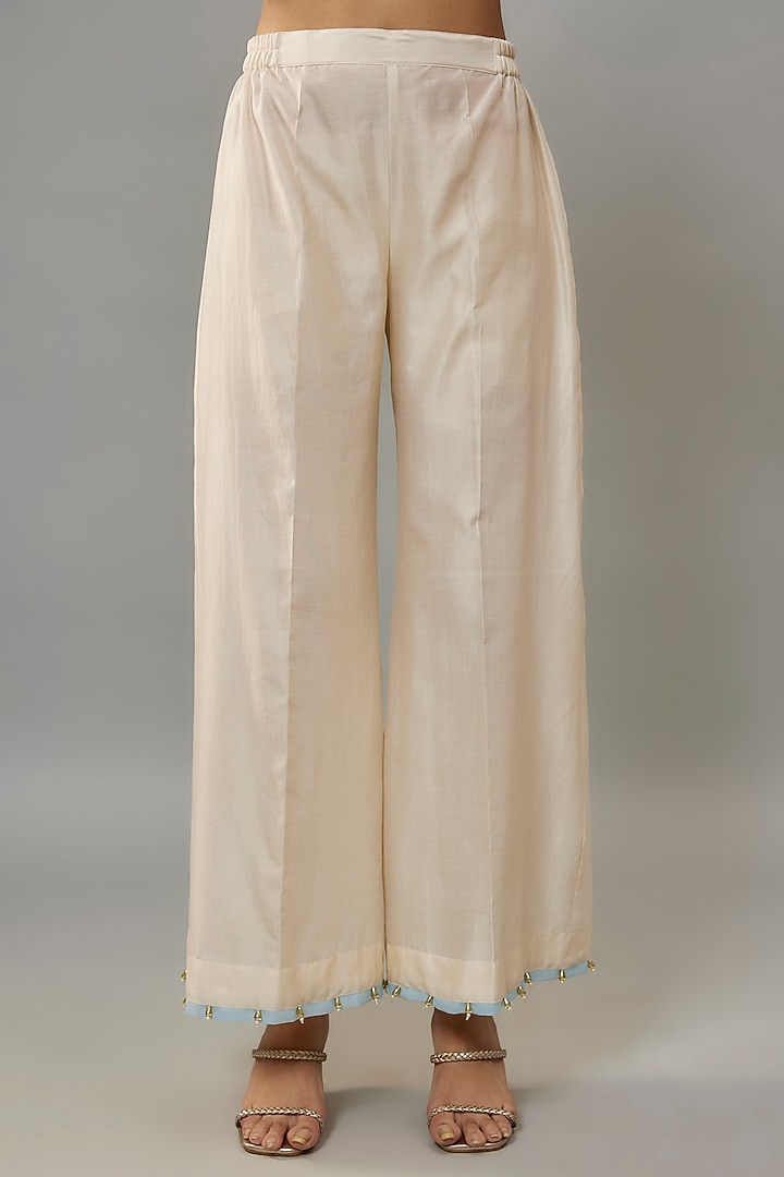 Powder Pink Handwoven Chanderi Pearl Embroidered Kurta Set by The Aarya at Pernia's Pop Up Shop