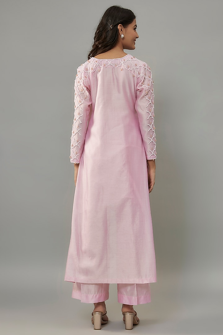 Powder Pink Handwoven Chanderi Pearl Embroidered High-Low Kurta Set by The Aarya at Pernia's Pop Up Shop