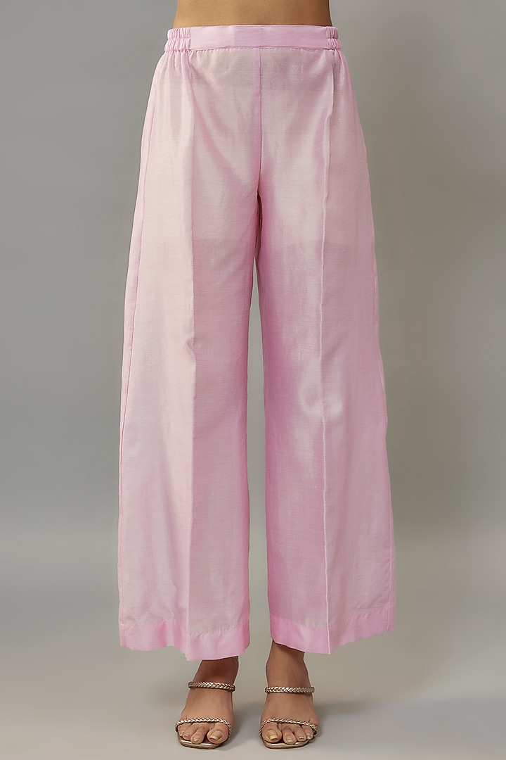 Powder Pink Handwoven Chanderi Pearl Embroidered High-Low Kurta Set by The Aarya at Pernia's Pop Up Shop