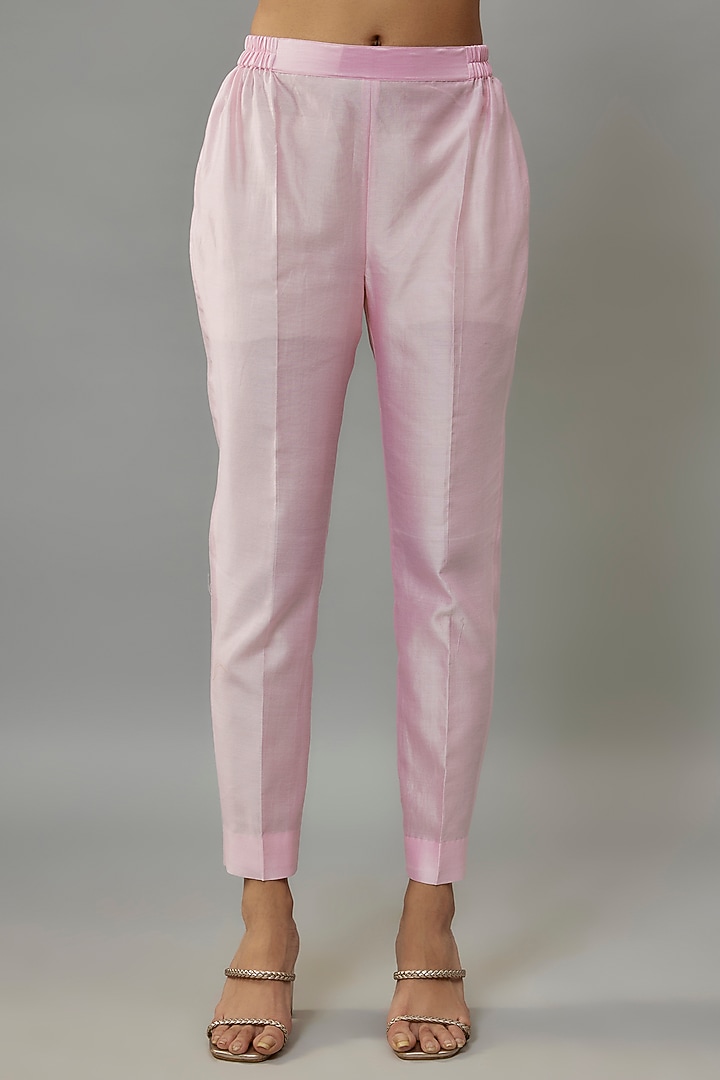Powder Pink Handwoven Chanderi Pearl Embroidered High-Low Kurta Set by The Aarya at Pernia's Pop Up Shop