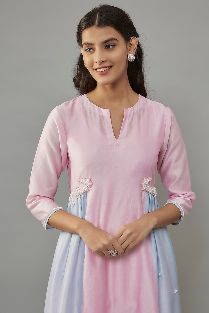 Powder Pink Handwoven Chanderi Pearl Embroidered High-Low Kurta Set by The Aarya at Pernia's Pop Up Shop