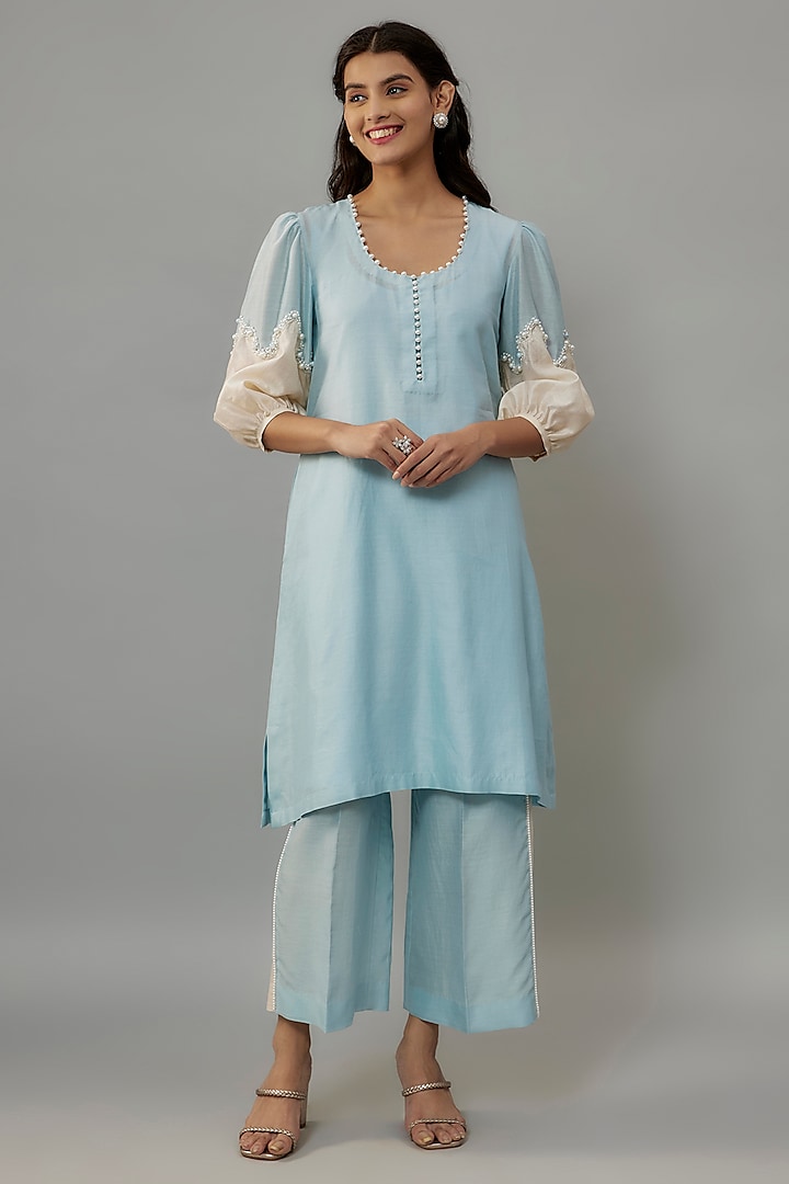 Powder Blue Handwoven Chanderi Pearl Embroidered Kurta Set by The Aarya