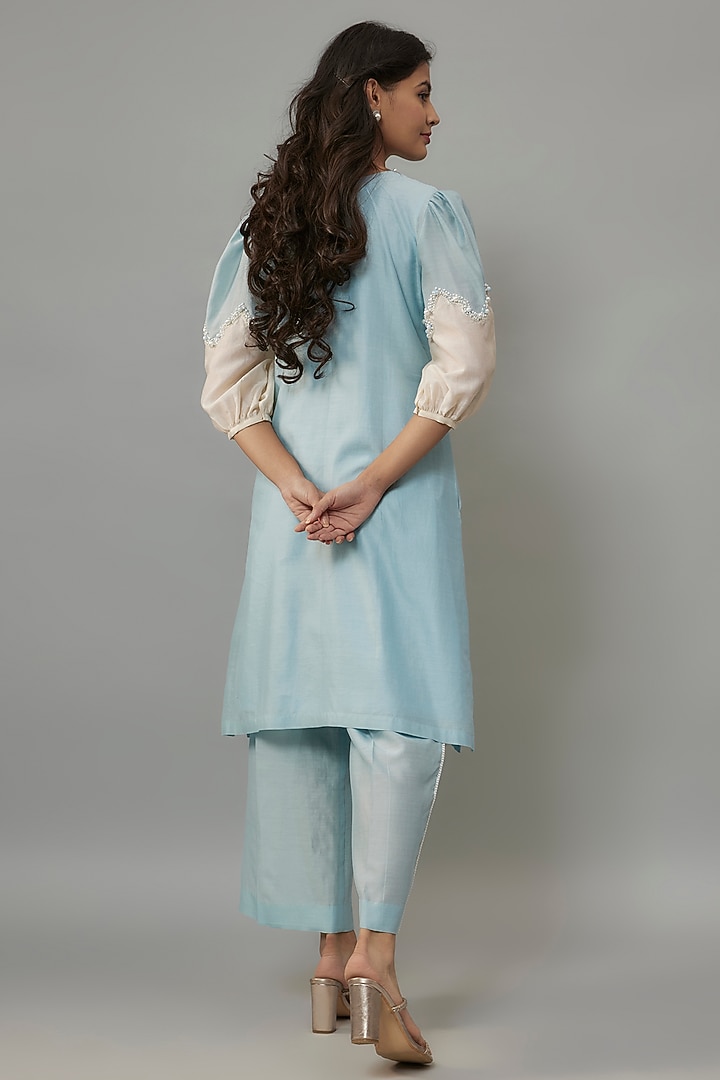 Powder Blue Handwoven Chanderi Pearl Embroidered Kurta Set by The Aarya at Pernia's Pop Up Shop