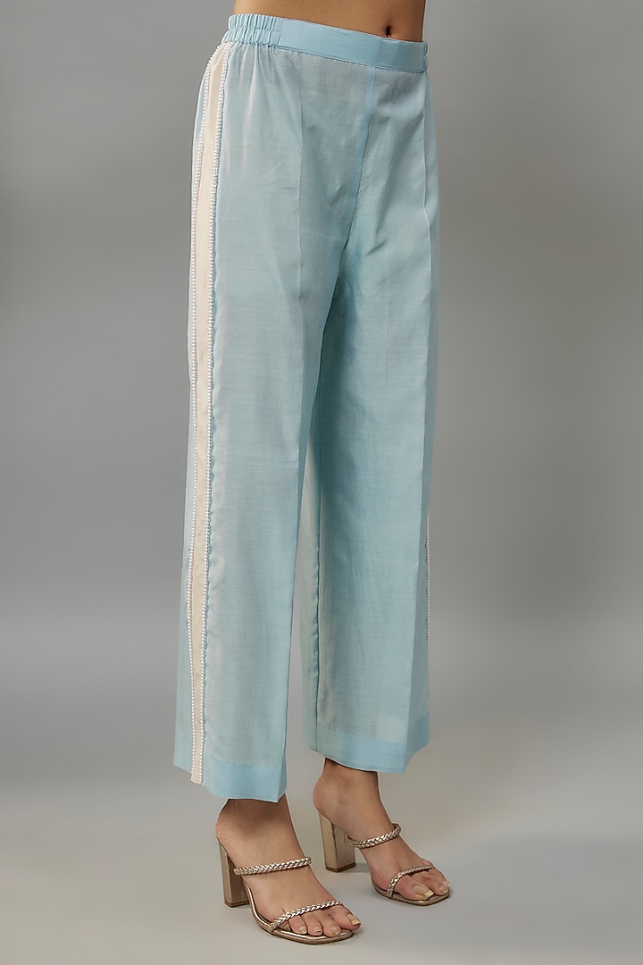 Powder Blue Handwoven Chanderi Pearl Embroidered Kurta Set by The Aarya at Pernia's Pop Up Shop