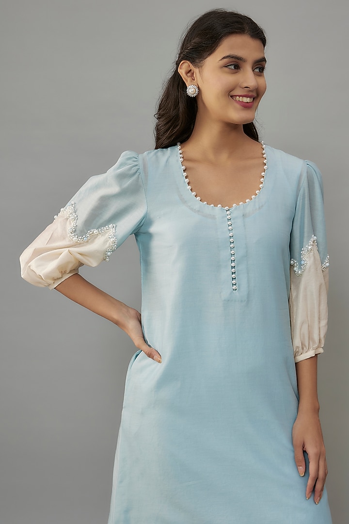 Powder Blue Handwoven Chanderi Pearl Embroidered Kurta Set by The Aarya at Pernia's Pop Up Shop