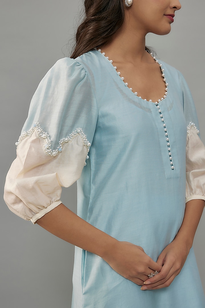 Powder Blue Handwoven Chanderi Pearl Embroidered Kurta Set by The Aarya at Pernia's Pop Up Shop