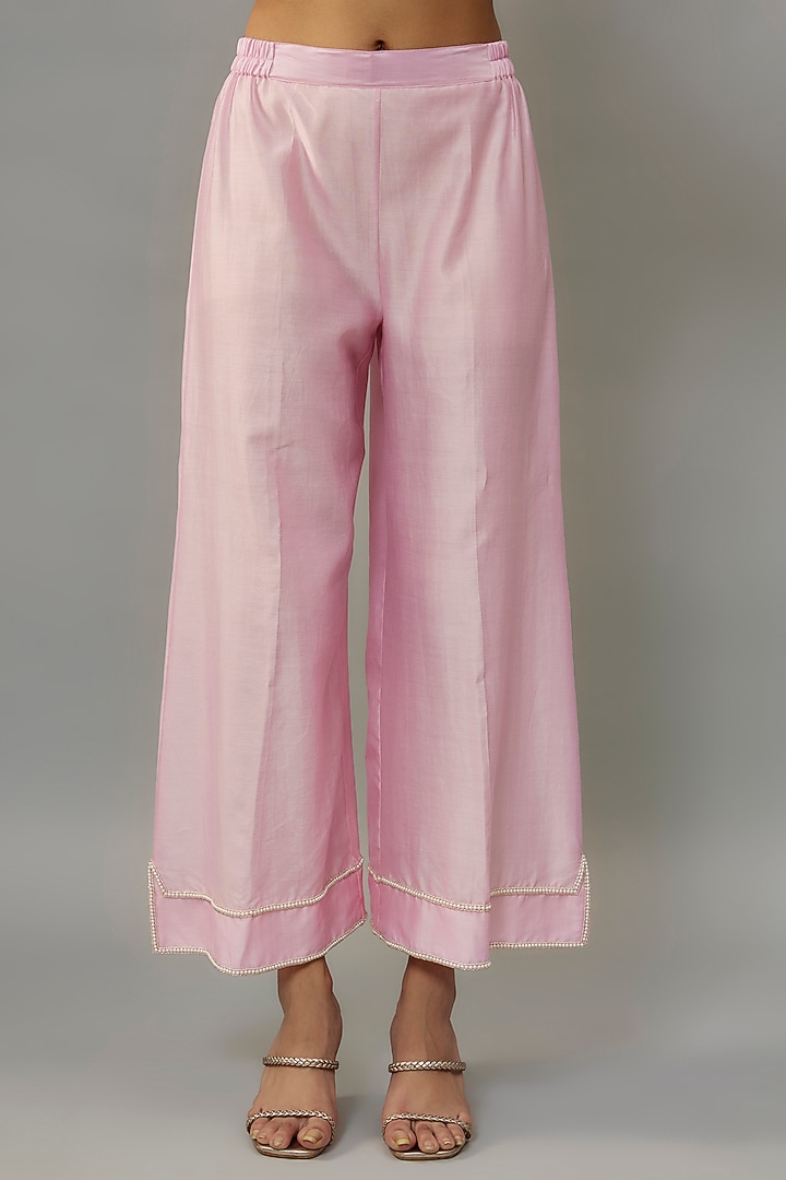 Powder Pink Handwoven Chanderi Pearl Embroidered Kurta Set by The Aarya at Pernia's Pop Up Shop