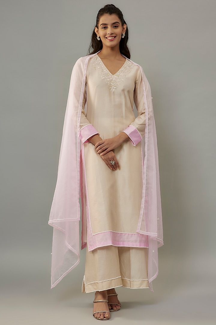 Ivory Handwoven Chanderi Pearl Embroidered Kurta Set by The Aarya at Pernia's Pop Up Shop