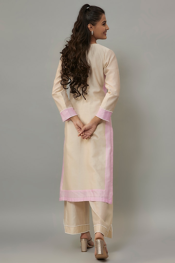 Ivory Handwoven Chanderi Pearl Embroidered Kurta Set by The Aarya at Pernia's Pop Up Shop