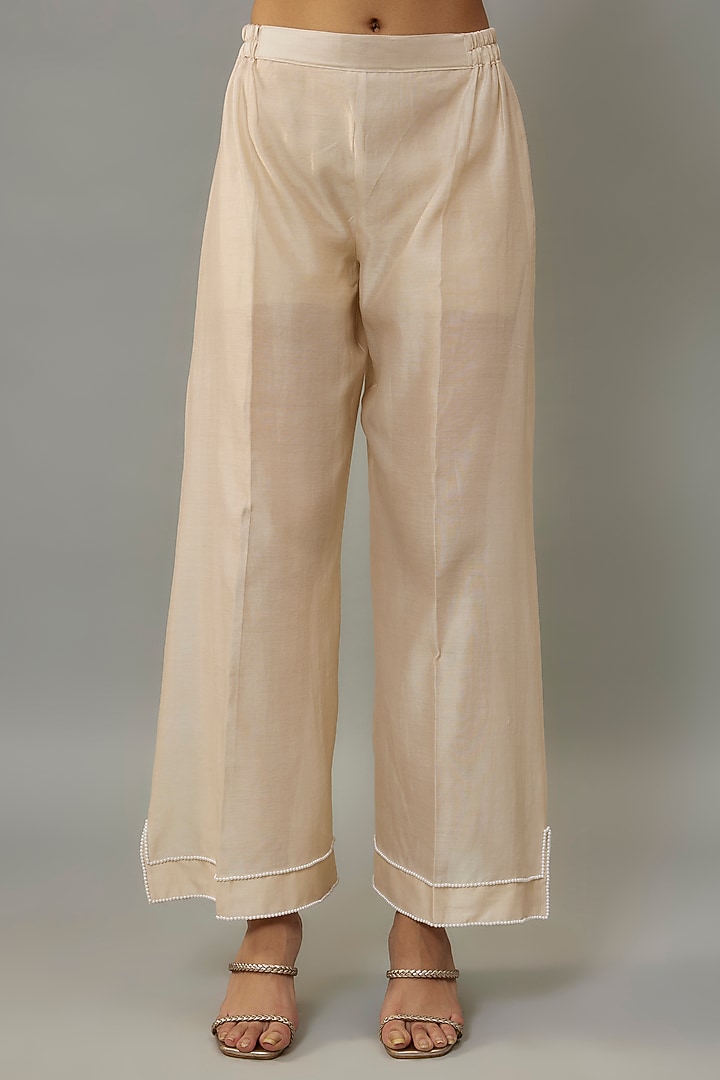 Ivory Handwoven Chanderi Pearl Embroidered Kurta Set by The Aarya at Pernia's Pop Up Shop