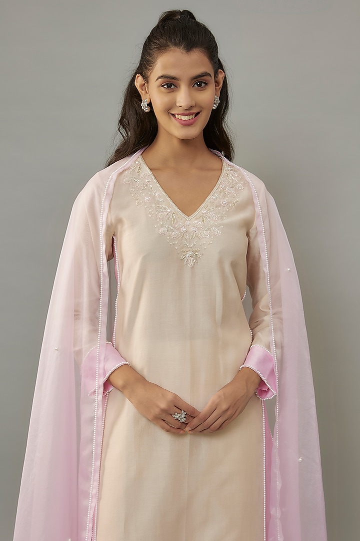 Ivory Handwoven Chanderi Pearl Embroidered Kurta Set by The Aarya at Pernia's Pop Up Shop
