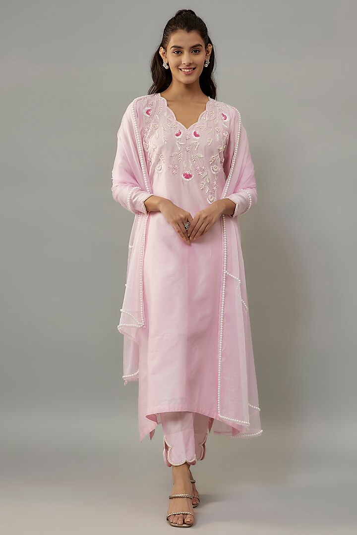 Powder Pink Handwoven Chanderi Pearl Embroidered Kurta Set by The Aarya