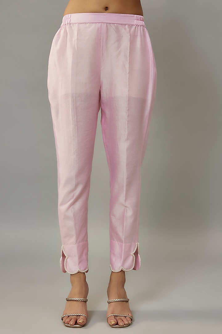 Powder Pink Handwoven Chanderi Pearl Embroidered Kurta Set by The Aarya at Pernia's Pop Up Shop