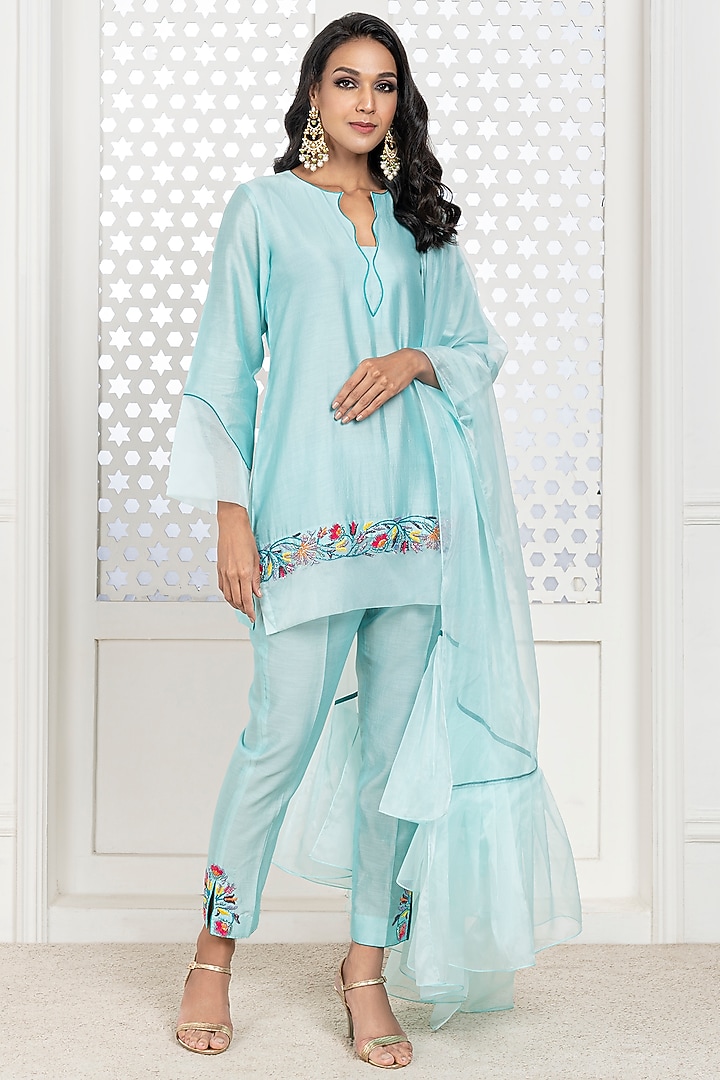 Aqua Blue Chanderi Hand Embroidered Kurta Set by The Aarya at Pernia's Pop Up Shop