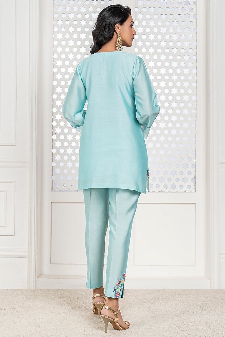 Aqua Blue Chanderi Hand Embroidered Kurta Set by The Aarya at Pernia's Pop Up Shop