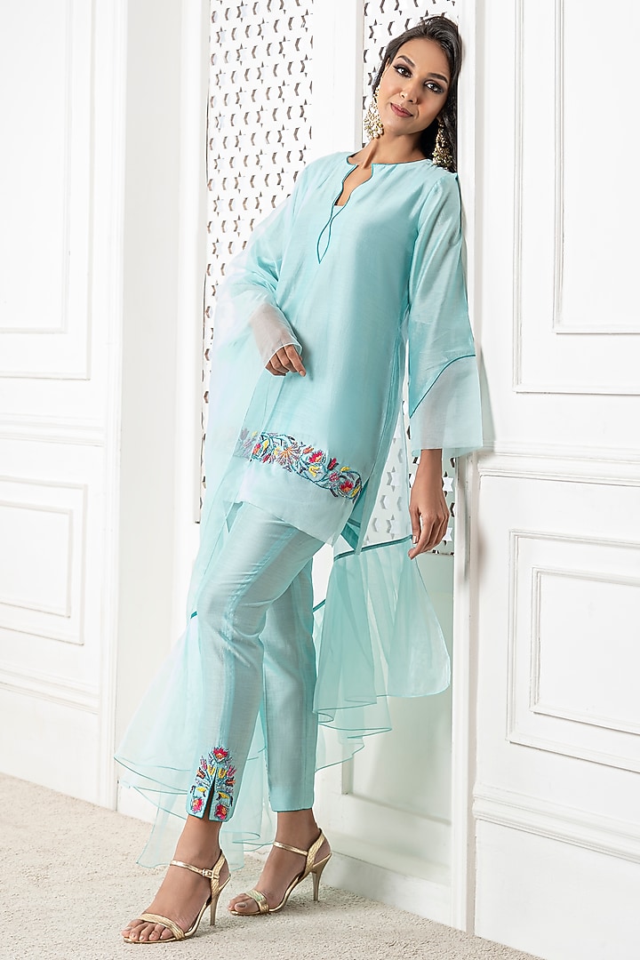 Aqua Blue Chanderi Hand Embroidered Kurta Set by The Aarya at Pernia's Pop Up Shop