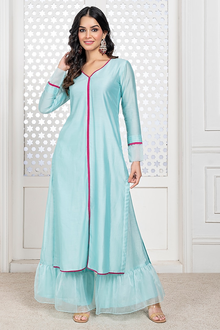 Aqua Blue Handwoven Chanderi Hand Embroidered Kurta Set by The Aarya at Pernia's Pop Up Shop