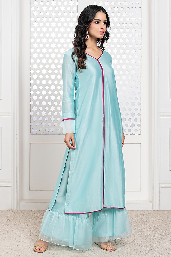 Aqua Blue Handwoven Chanderi Hand Embroidered Kurta Set by The Aarya at Pernia's Pop Up Shop