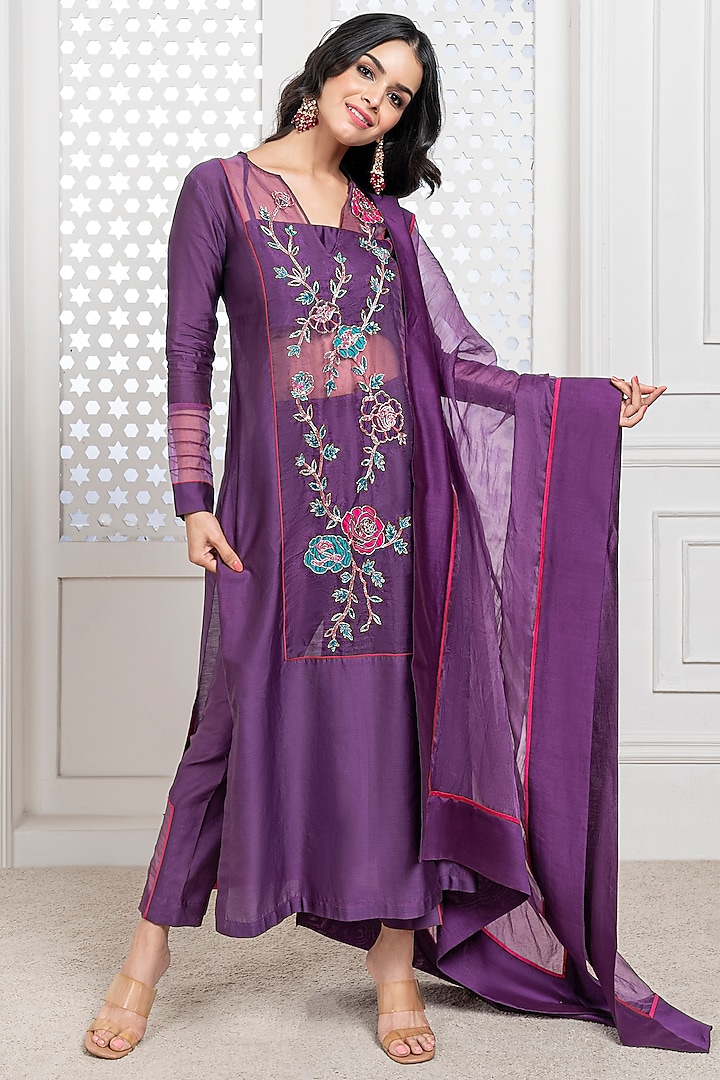 Purple Handwoven Chanderi Hand Embroidered Kurta Set by The Aarya at Pernia's Pop Up Shop