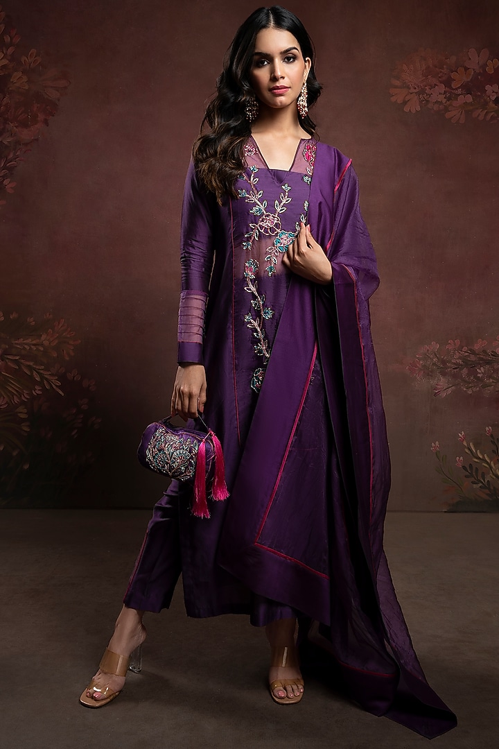 Purple Handwoven Chanderi Hand Embroidered Kurta Set by The Aarya at Pernia's Pop Up Shop