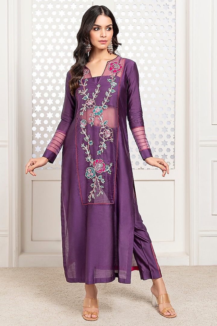 Purple Handwoven Chanderi Hand Embroidered Kurta Set by The Aarya at Pernia's Pop Up Shop