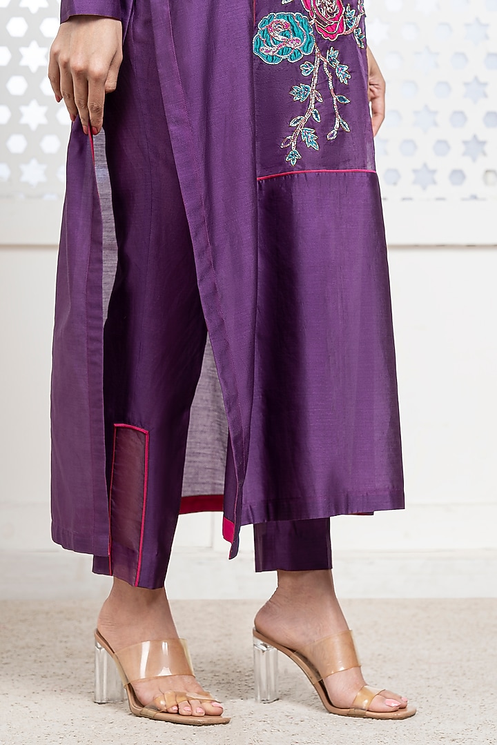 Purple Handwoven Chanderi Hand Embroidered Kurta Set by The Aarya at Pernia's Pop Up Shop