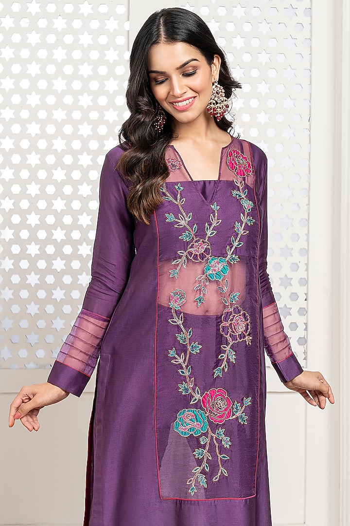 Purple Handwoven Chanderi Hand Embroidered Kurta Set by The Aarya at Pernia's Pop Up Shop