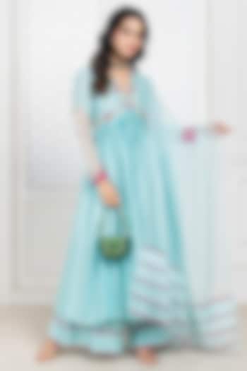 Blue Handwoven Chanderi Hand Embroidered Party Wear Anarkali Set by The Aarya at Pernia's Pop Up Shop