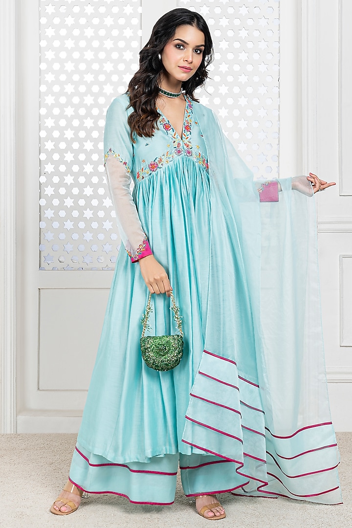 Blue Handwoven Chanderi Hand Embroidered Party Wear Anarkali Set by The Aarya at Pernia's Pop Up Shop