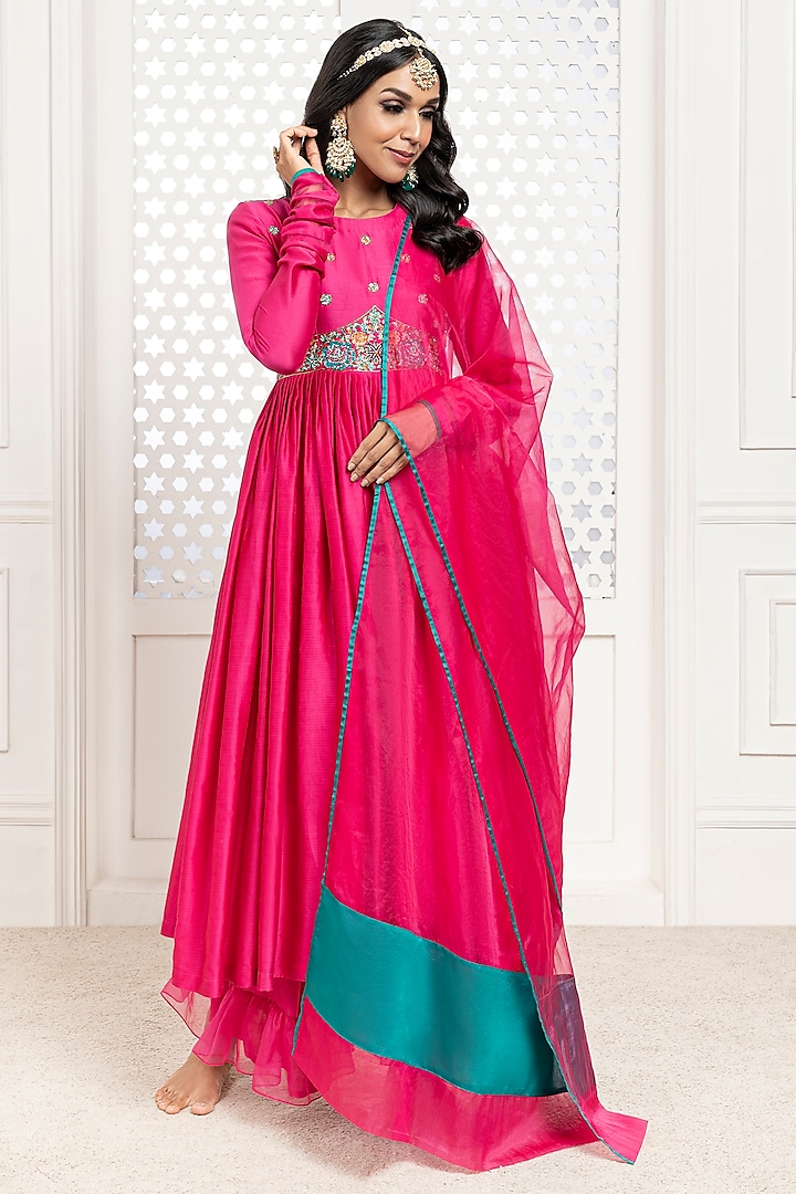 Pink Handwoven Chanderi Hand Embroidered Anarkali Set by The Aarya