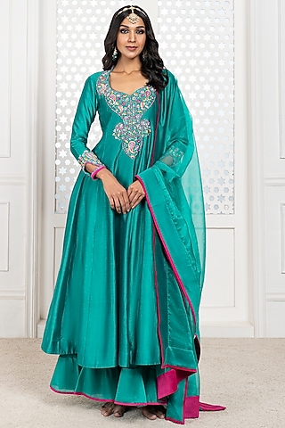 Peacock Green Handwoven Chanderi Hand Embellished Anarkali Set by The Aarya