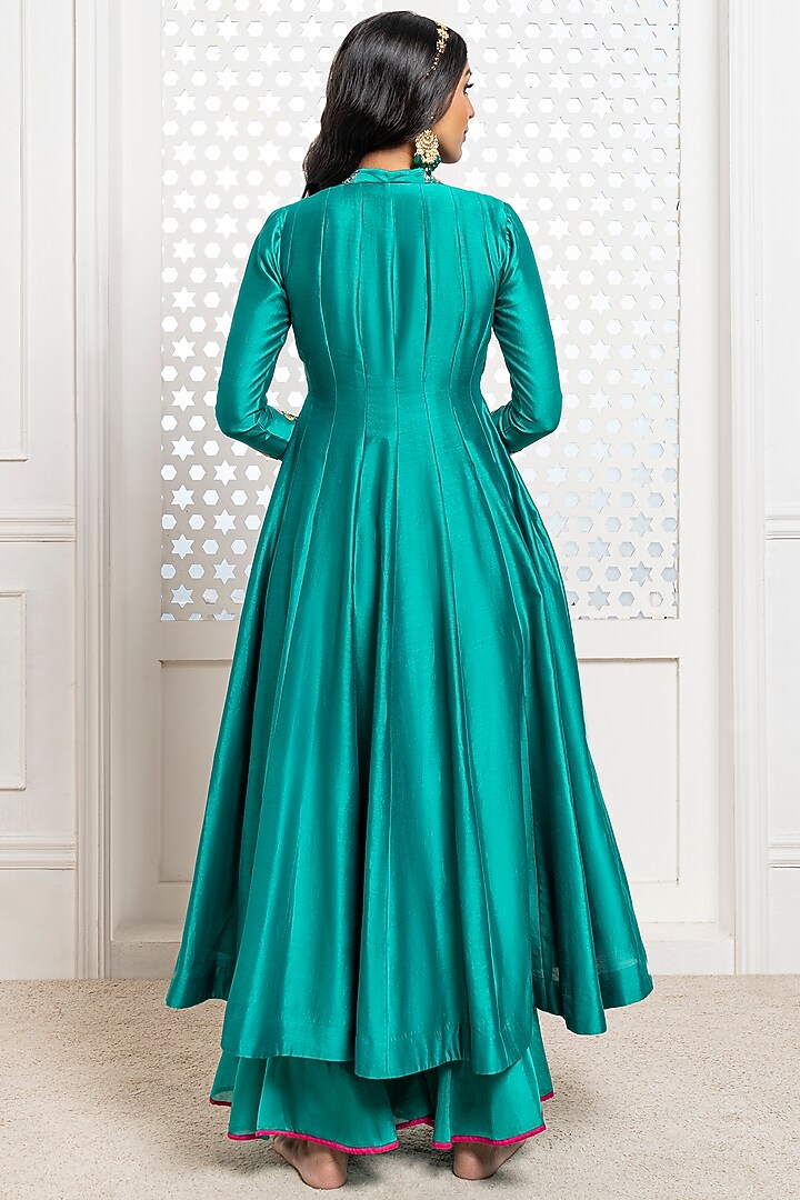 Peacock Green Handwoven Chanderi Hand Embellished Wedding Anarkali Set by The Aarya at Pernia's Pop Up Shop