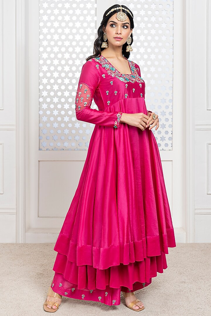 Pink Handwoven Chanderi Hand Embroidered Wedding Anarkali Set by The Aarya at Pernia's Pop Up Shop