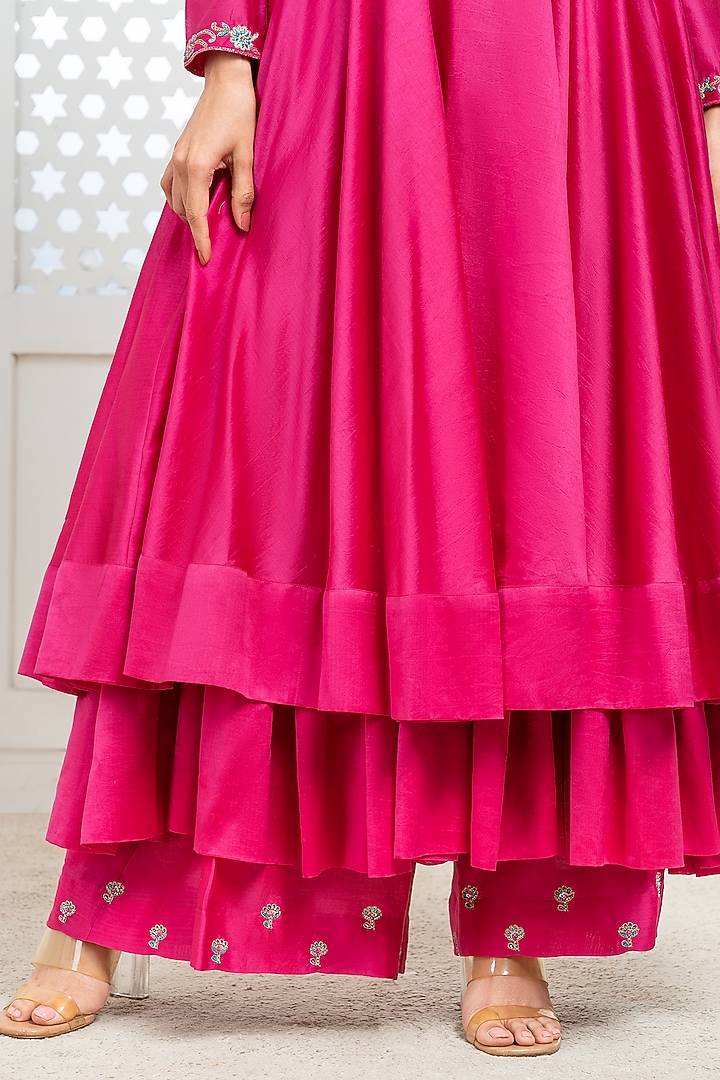 Pink Handwoven Chanderi Hand Embroidered Wedding Anarkali Set by The Aarya at Pernia's Pop Up Shop