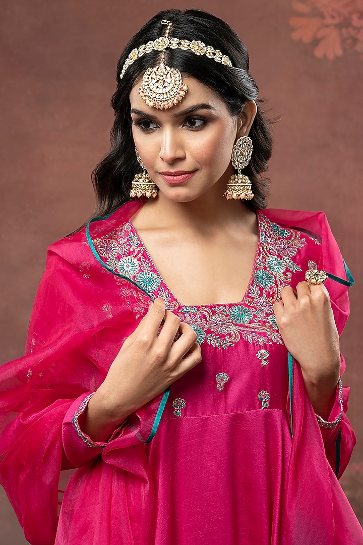 Pink Handwoven Chanderi Hand Embroidered Wedding Anarkali Set by The Aarya at Pernia's Pop Up Shop
