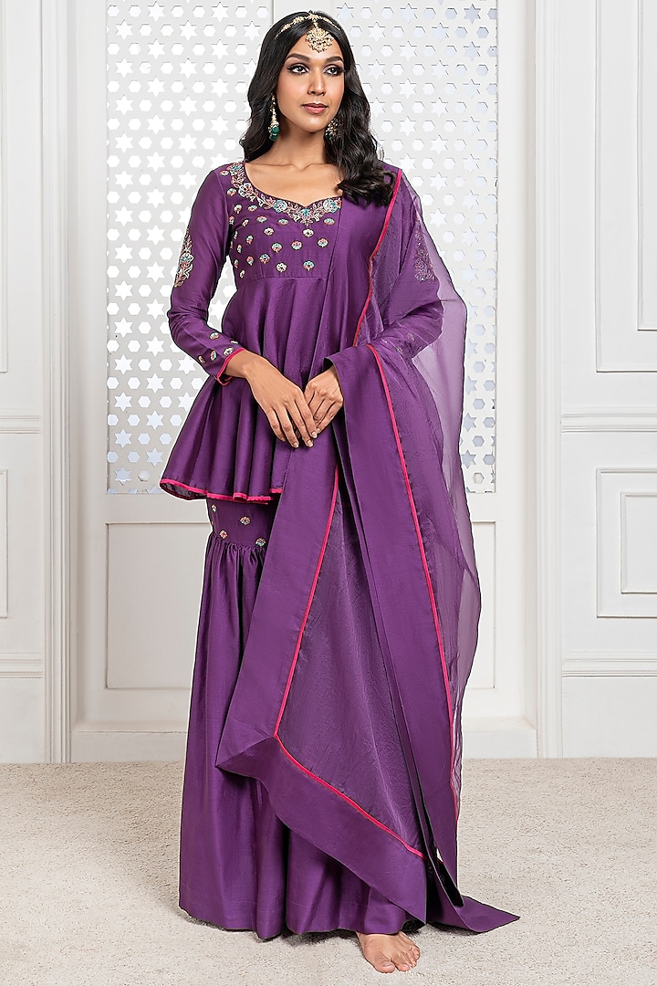 Purple Handwoven Chanderi Flared Gharara Set by The Aarya