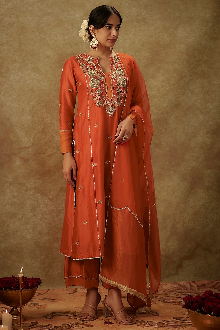 Orange Handwoven Chanderi Zardosi Embroidered A-Line Kurta Set by The Aarya