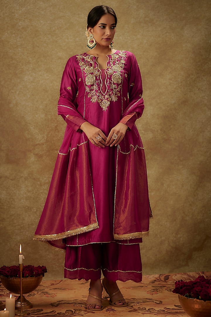 Magenta Pink Handwoven Chanderi Embroidered A-Line Kurta Set by The Aarya at Pernia's Pop Up Shop