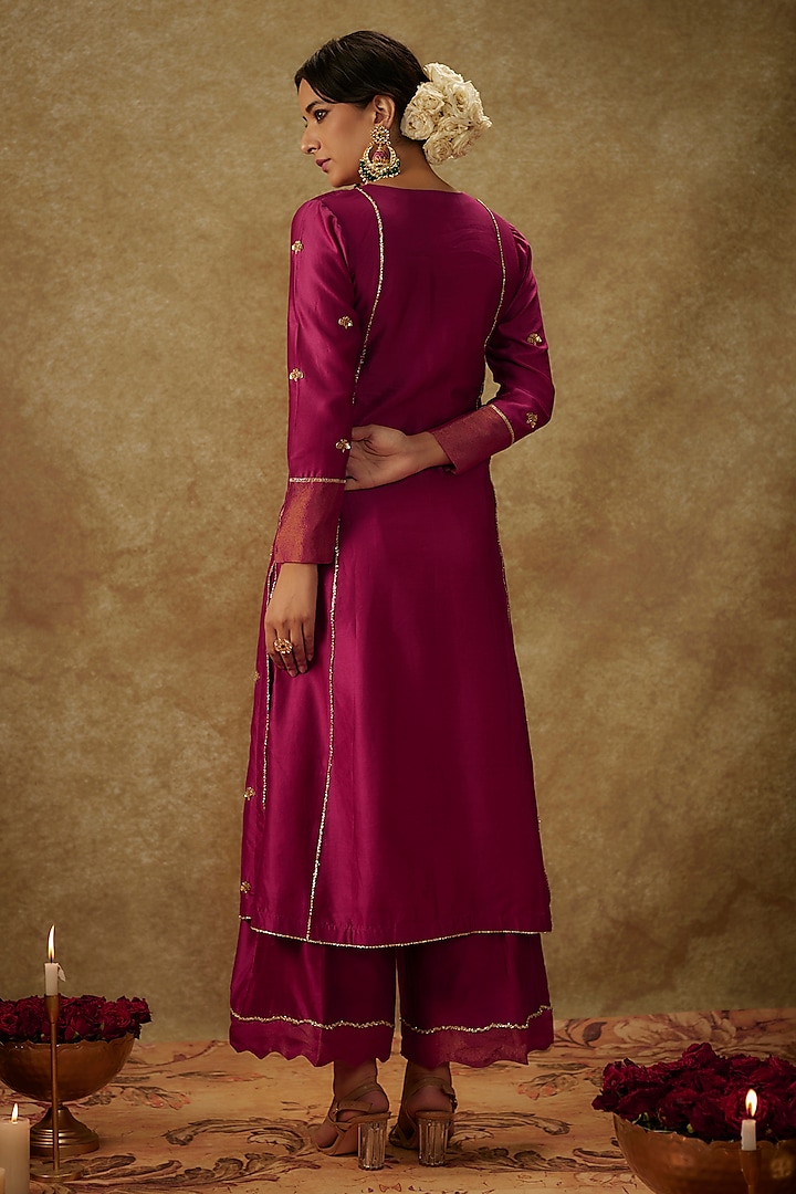 Magenta Pink Handwoven Chanderi Embroidered A-Line Kurta Set by The Aarya at Pernia's Pop Up Shop