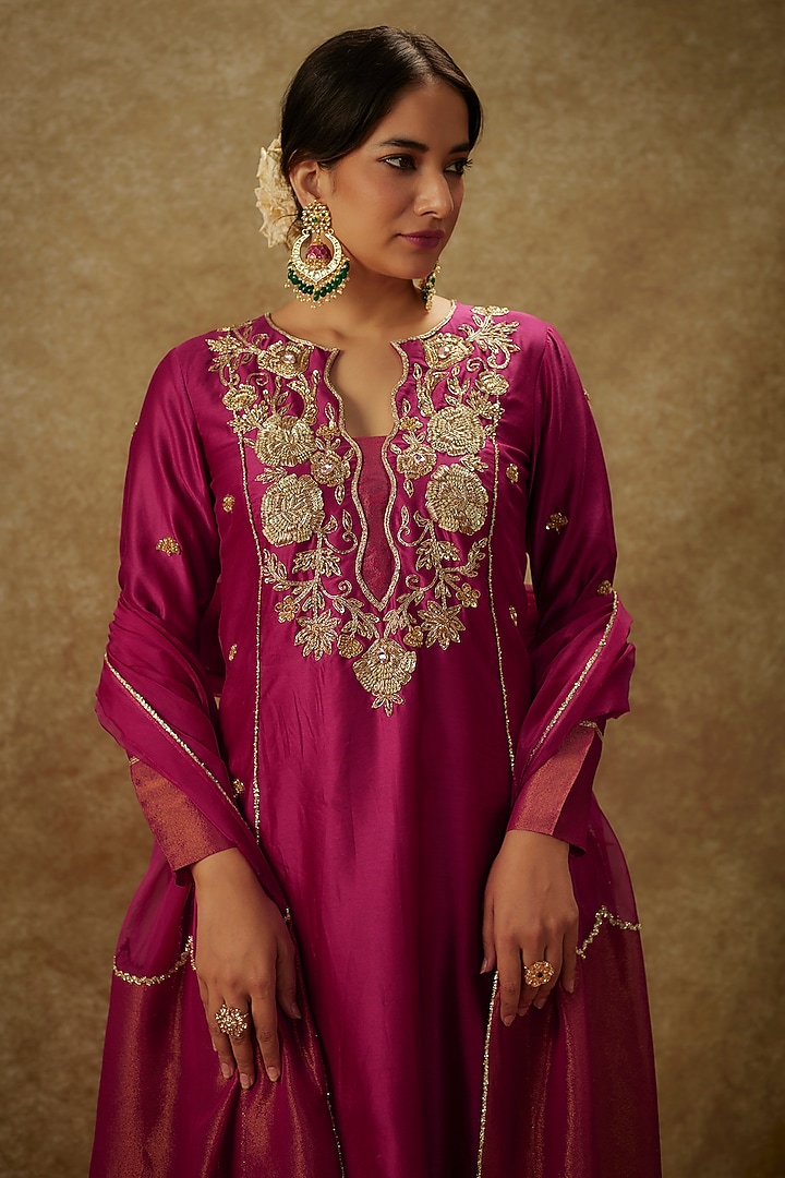Magenta Pink Handwoven Chanderi Embroidered A-Line Kurta Set by The Aarya at Pernia's Pop Up Shop