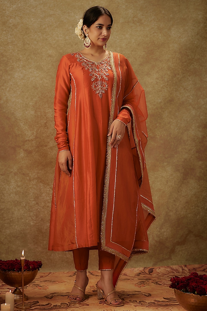 Orange Handwoven Chanderi Zardosi Embroidered Anarkali Set by The Aarya at Pernia's Pop Up Shop