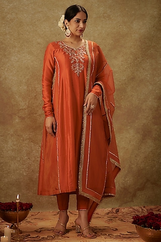 Orange Handwoven Chanderi Zardosi Embroidered Anarkali Set by The Aarya