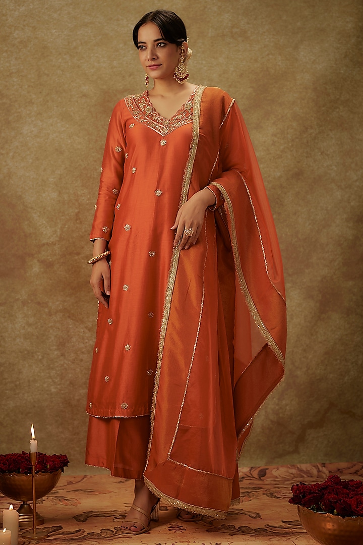 Orange Handwoven Chanderi Zardosi Embroidered Kurta Set by The Aarya at Pernia's Pop Up Shop